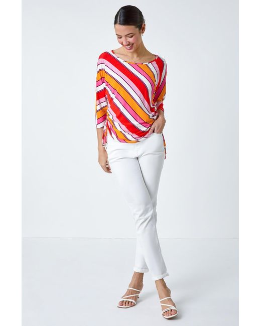 Roman Red Stripe Print Ruched Stretch Top