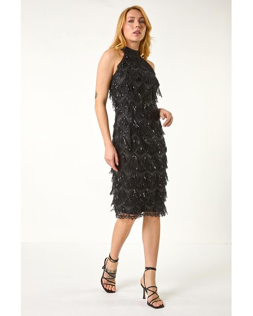 D.u.s.k Black Halter Neck Tassel Trapeze Dress