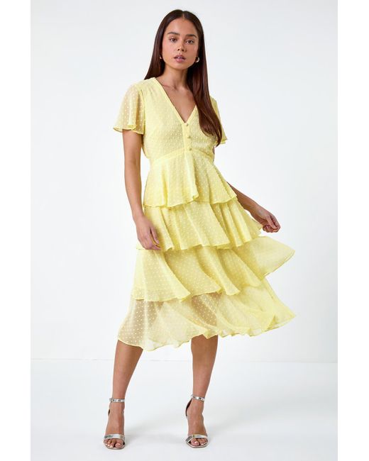 Roman Yellow Originals Petite Textured Spot Tiered Midi Dress