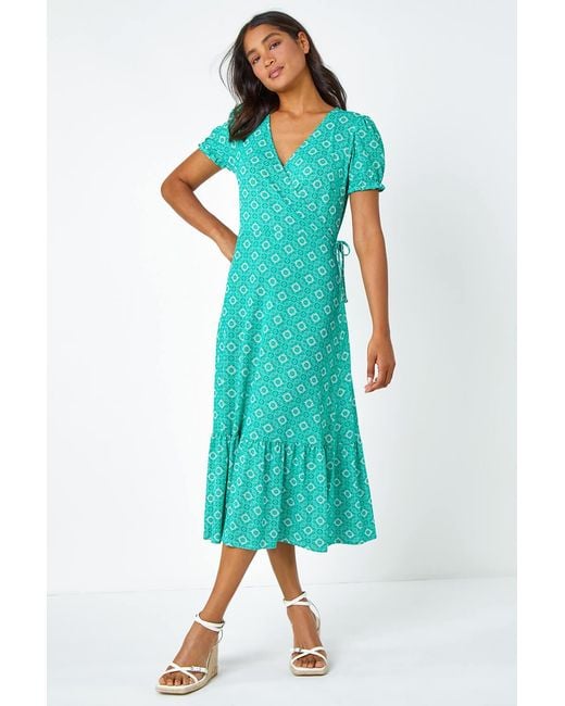 Roman Blue Geo Print Stretch Wrap Midi Dress