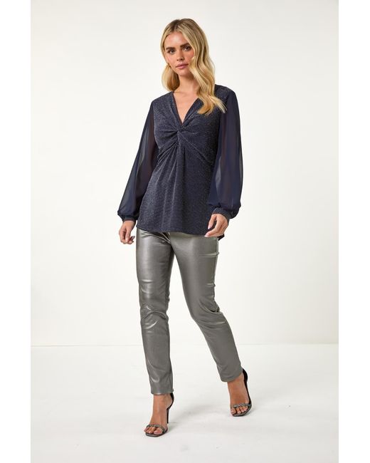 Roman Petite Blue V-Neck Diamante Cuff Stretch Top