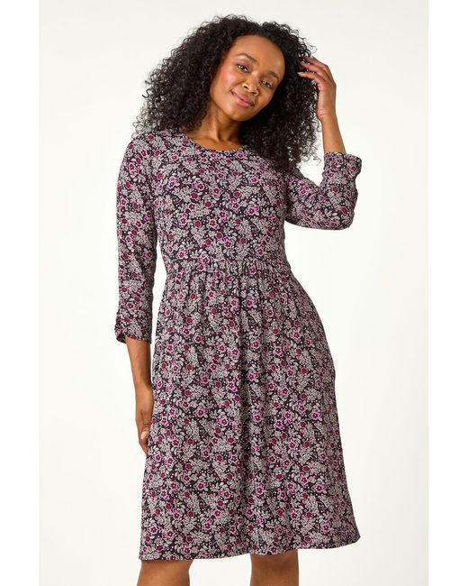 Roman Petite Floral Print Gathered Waist Dress