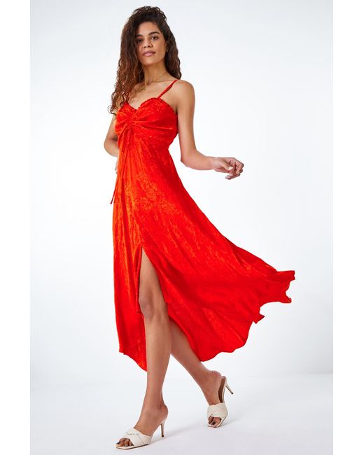 Roman Orange Satin Ruffle Jacquard Asymmetric Midi Dress