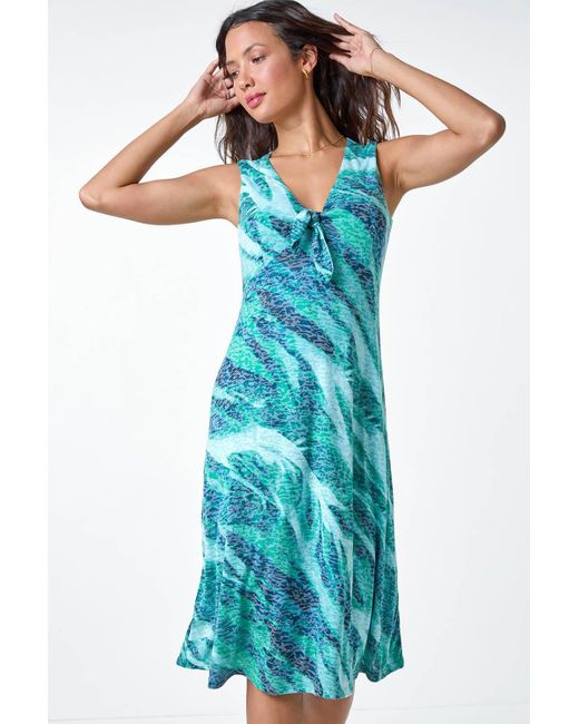 Roman Blue Burnout Abstract Knot Front Stretch Dress