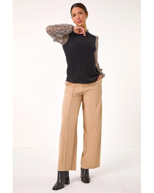 Roman Brown Contrast Animal Print Mesh Stretch Top