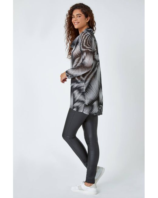 Roman Gray Abstract Print Cowl Neck Stretch Tunic Top