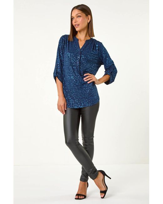 Roman Blue Glitter Animal Print Stretch Shirt