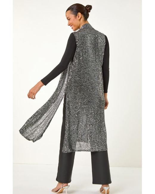 Roman Gray Sequin Longline Stretch Cardigan