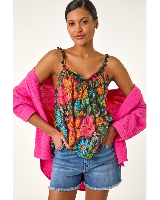 Roman Red Floral Printed Pom Pom Cami Top