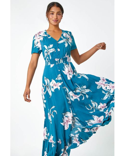 Roman Blue Floral Print Shirred Waist Maxi Dress