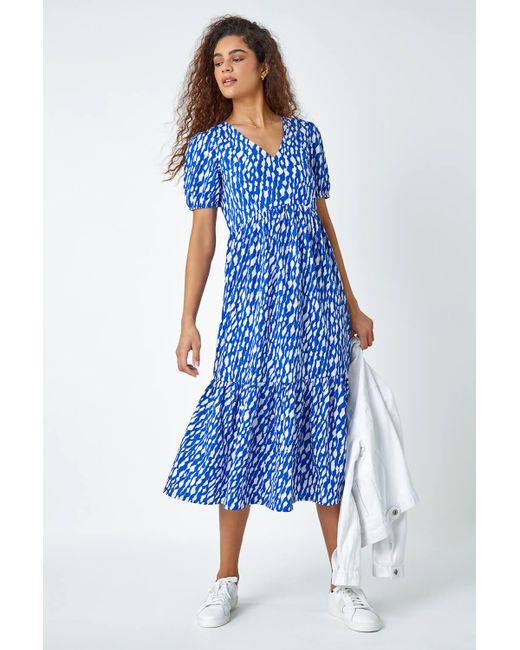 Roman Blue Abstract Frill Hem Midi Dress