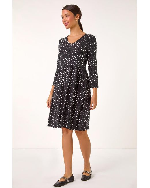 Roman Black Spot Print Button Detail V-Neck Dress