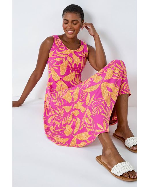 Roman Pink Tropical Print Pleated Maxi Stretch Dress