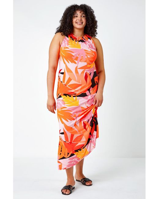 Roman Curve Orange Tropical Stretch Jersey Maxi Dress