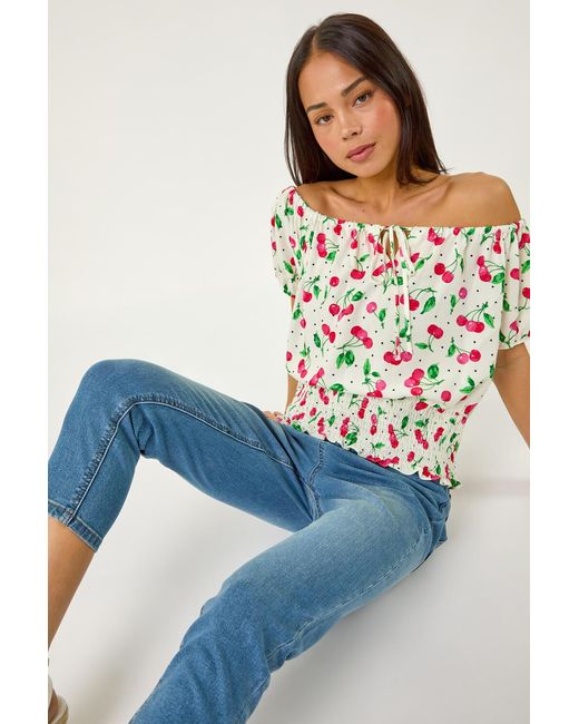 Roman Petite Blue Cherry Print Bardot Blouson Top