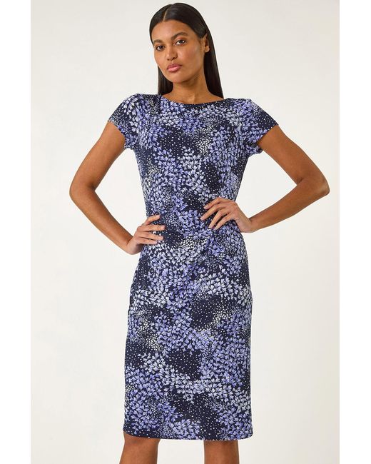 Roman Blue Floral Stretch Gathered Shift Dress