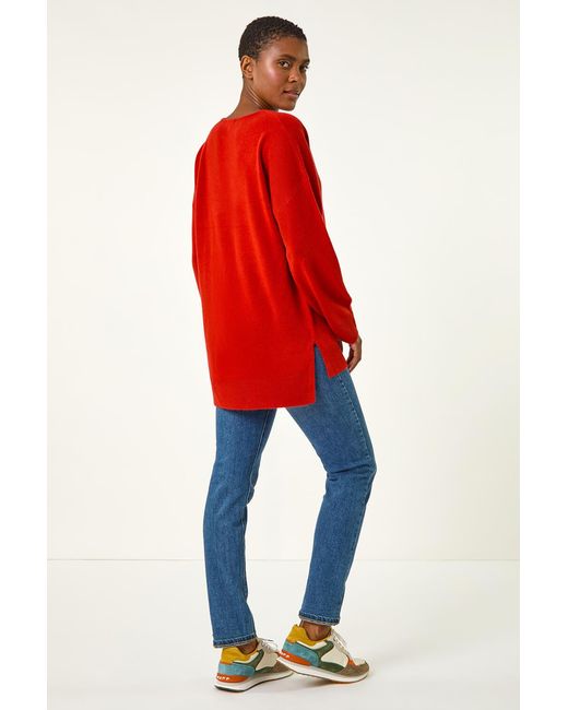 Roman Red Soft V-Neck Side Split Knit Sweater