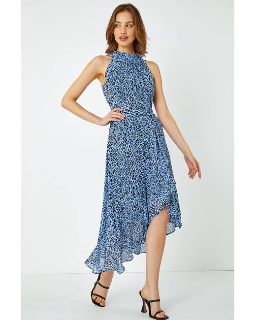 Roman Blue Animal Print Halter Neck Midi Dress