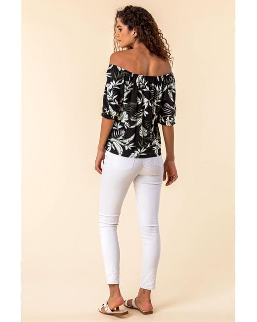 Roman Black Palm Leaf Print Bardot Top