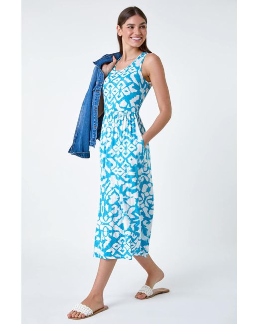 Roman Blue Batik Print Stretch Jersey Pocket Dress