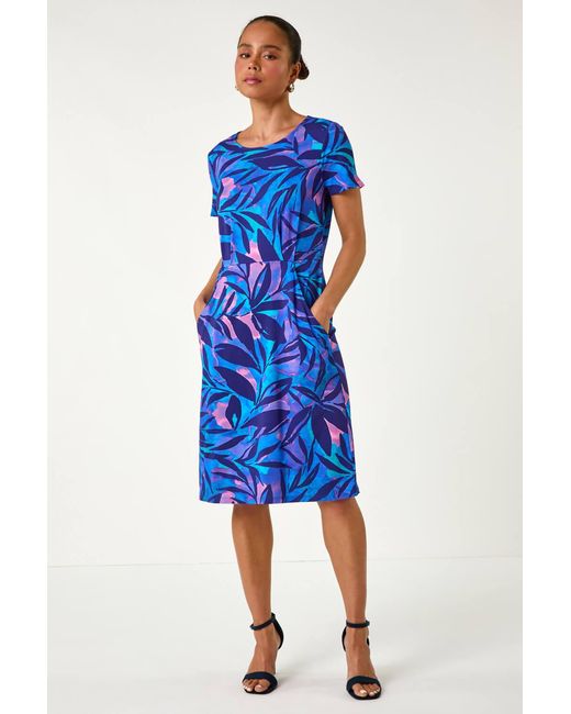 Roman Petite Blue Abstract Leaf Pocket Stretch Dress