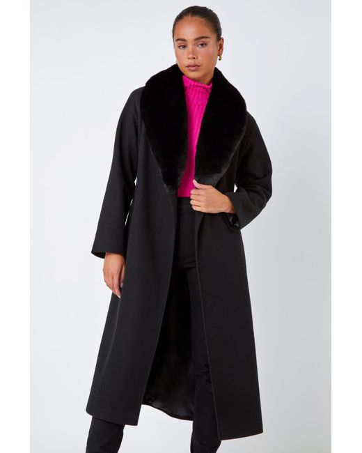 Roman Black Petite Faux Fur Collar Longline Coat