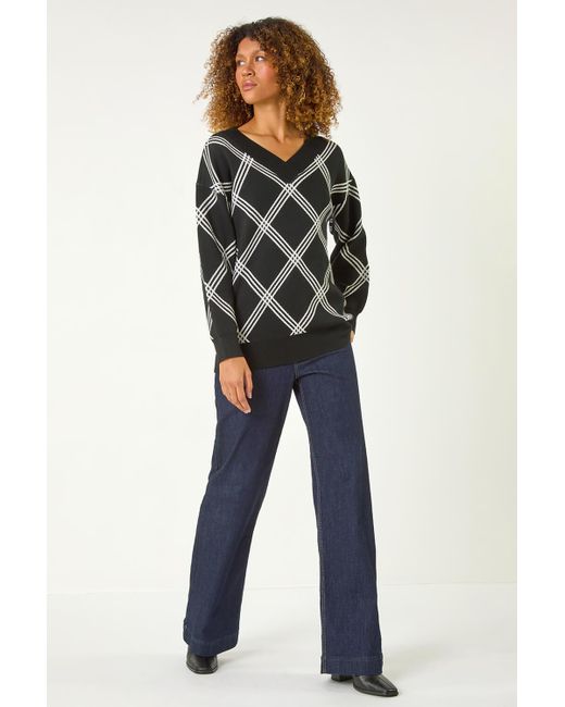 Roman Black Check Patterned V-Neck Knit Jumper