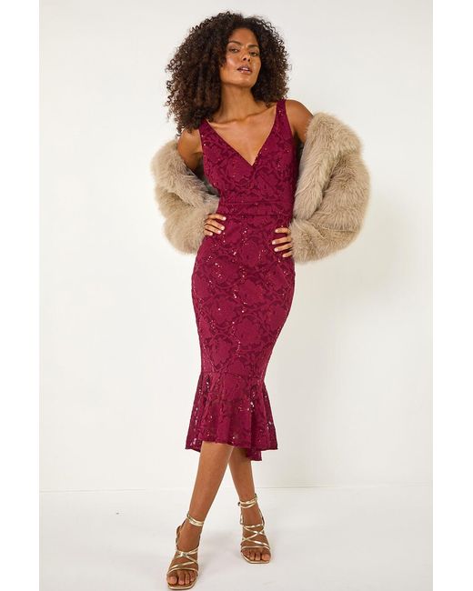 D.u.s.k Red Rose Lace Peplum Stretch Midi Dress