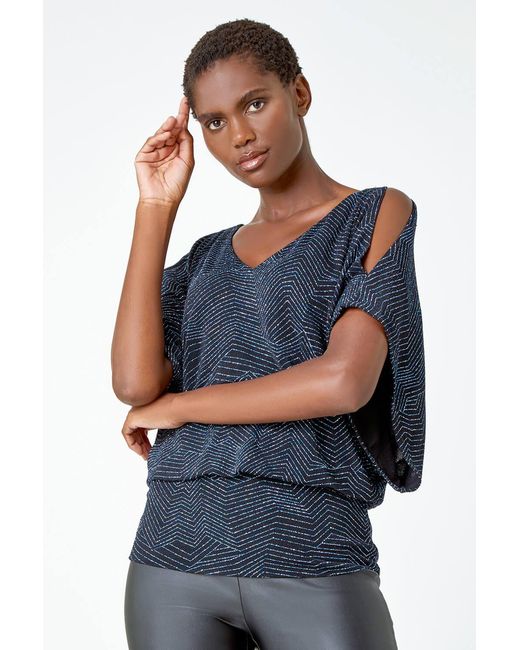Roman Blue V-Neck Cold Shoulder Glitter Blouson Top