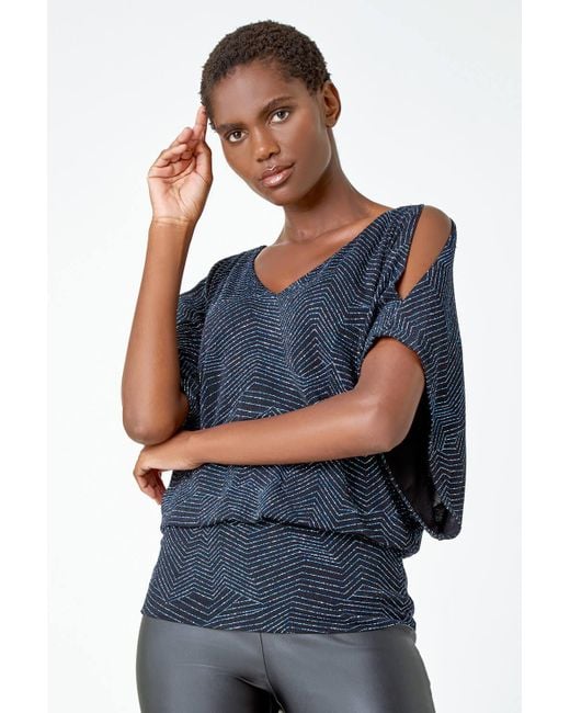 Roman Glitter Cold Shoulder Blouson Stretch Top in Blue Lyst UK