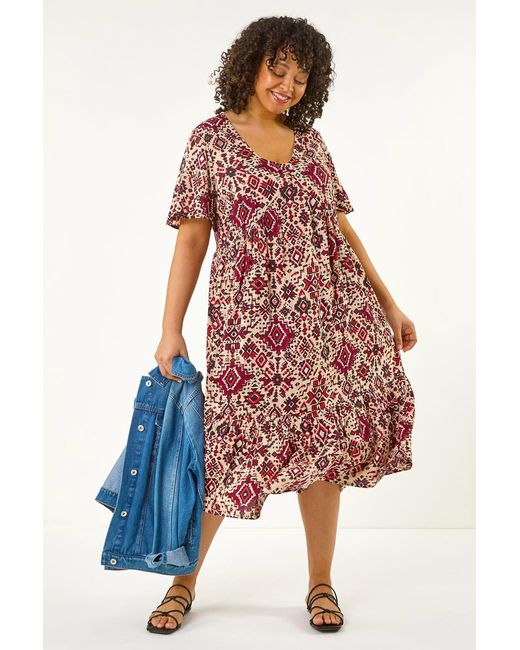 Roman Curve Ikat Print Tiered Dress