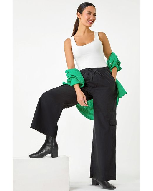 Roman Black Elastic Waist Cotton Wide Leg Cargo Trousers