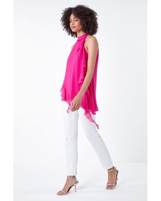 Roman Pink Halterneck Asymmetric Frill Detail Top