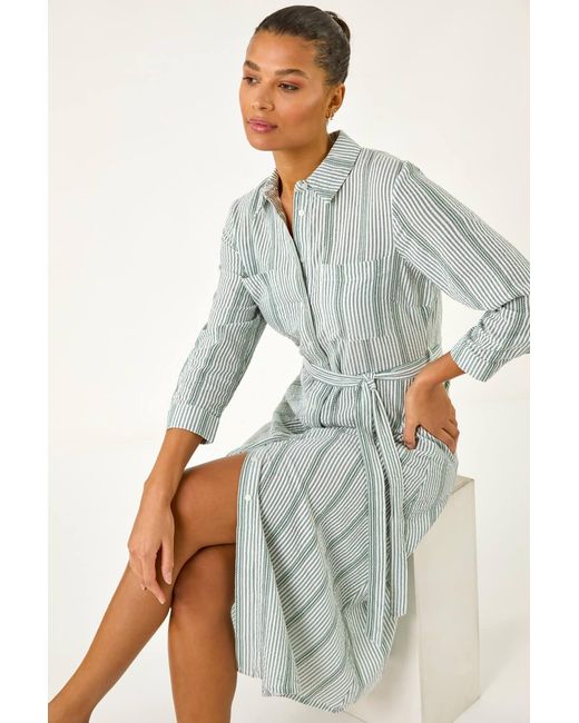 Roman Green Textured Stripe Belted Shirt Dress