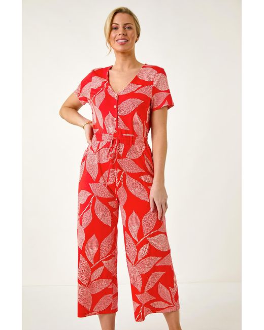 Roman Petite Red Leaf Print Stretch Jumpsuit