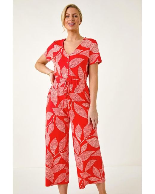 Roman Petite Red Leaf Print Stretch Jumpsuit