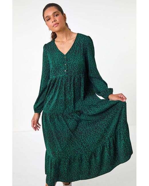 Roman Green Animal Print Button-Detail Smock Midi Dress