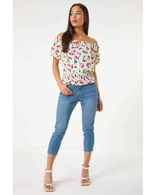 Roman Petite Blue Cherry Print Bardot Blouson Top