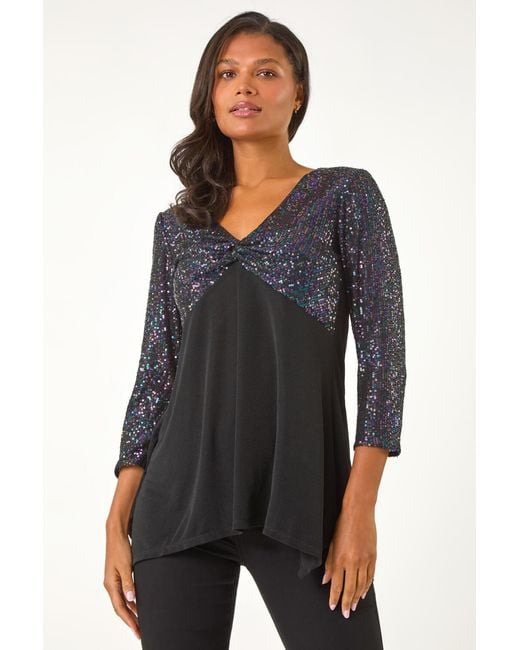 Roman Black Sequin Bodice V-Neck Stretch Tunic Top