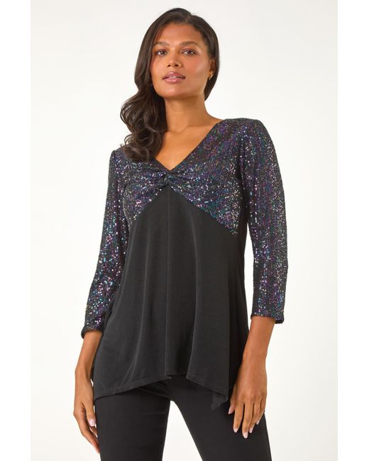 Roman Black Sequin Bodice V-Neck Stretch Tunic Top