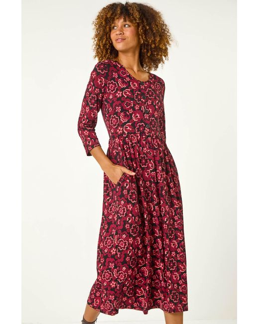 Roman Red Floral Print Button Stretch Midi Dress