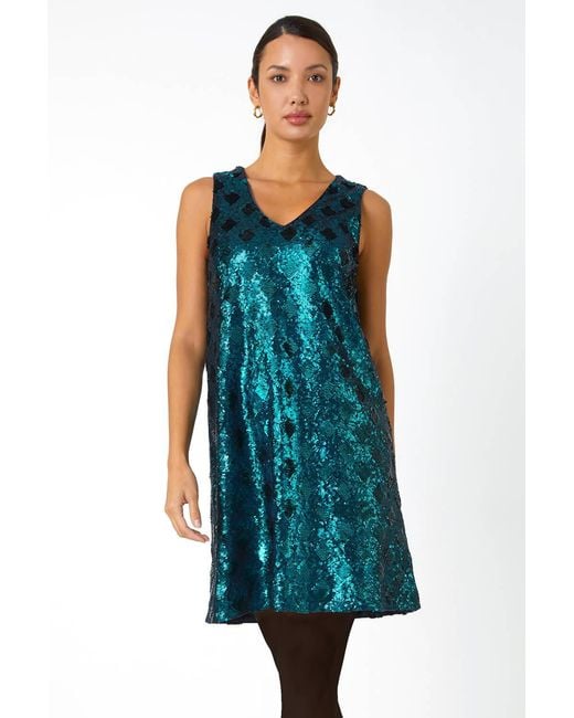 Roman Blue Sequin Diamond Print Swing Stretch Dress