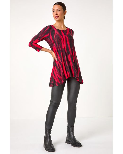Roman Red Brush Print Hanky Hem Stretch Tunic Top