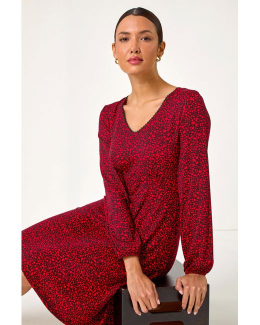 Roman Red Ditsy Floral Print Lace Trim Stretch Dress