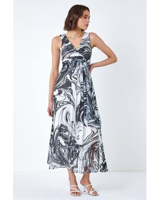 Roman White Marble Print Wrap Mesh Dress