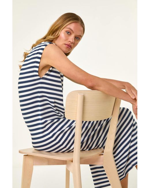 Roman Blue Ribbed Stripe Cap Sleeve Midi Dress