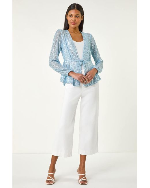 Roman Blue Sequin Tie Front Stretch Top