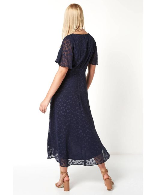 Roman Blue Spot Chiffon Frill Asymmetric Midi Dress