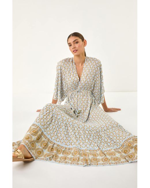 Roman Natural Shimmer Boho Border Maxi Dress