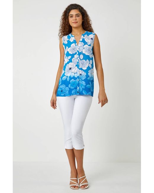 Roman Blue Sleeveless V-Neck Floral Print Blouse